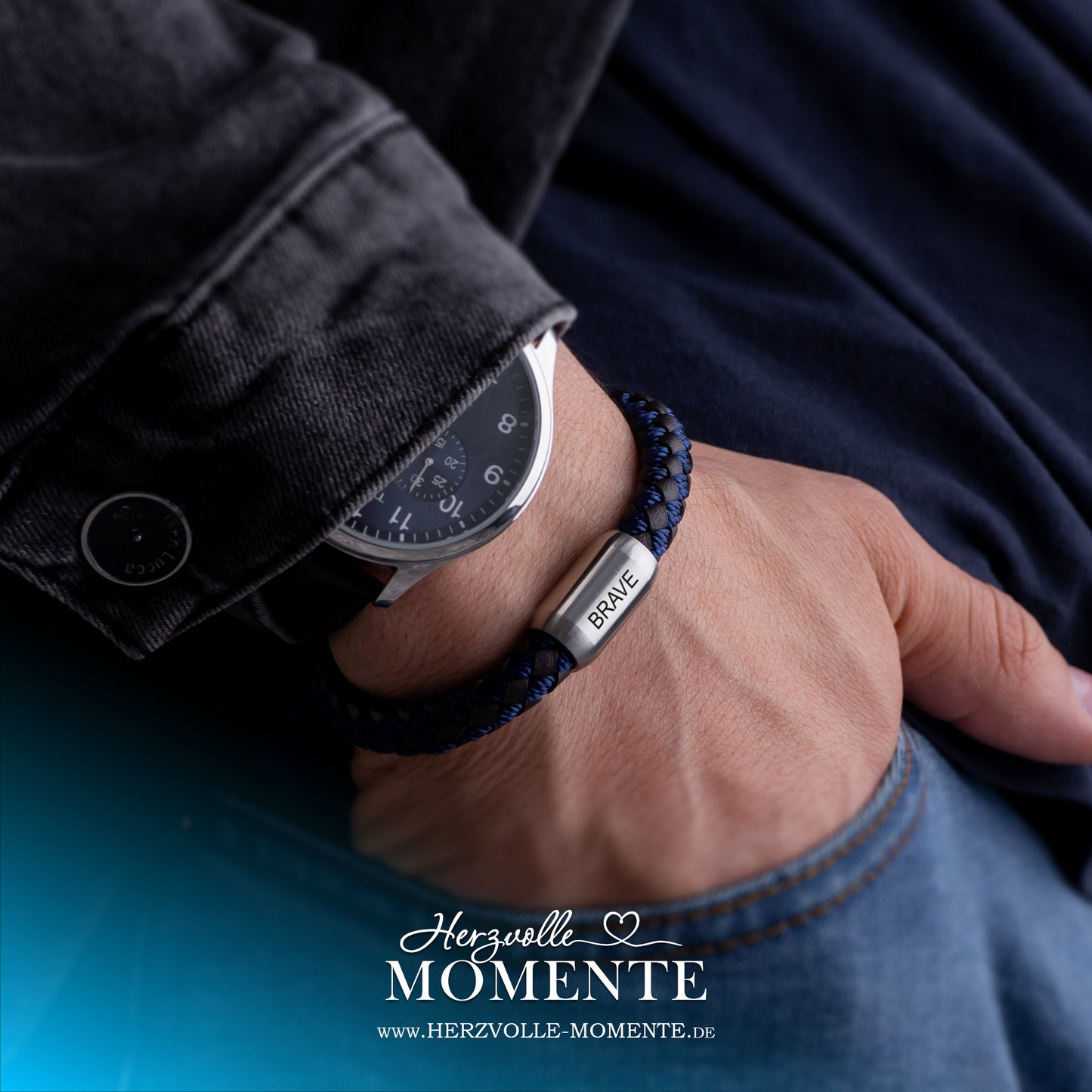 Armband mit Gravur | Leder geflochten Braun-Blau