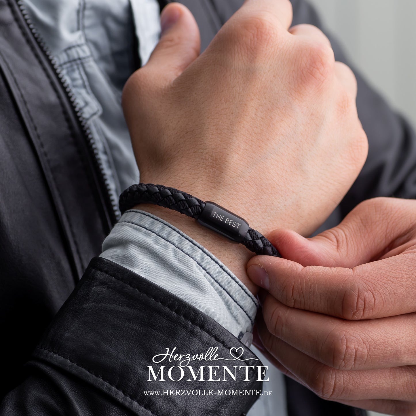 Armband mit Gravur - Leder geflochten - schwarz