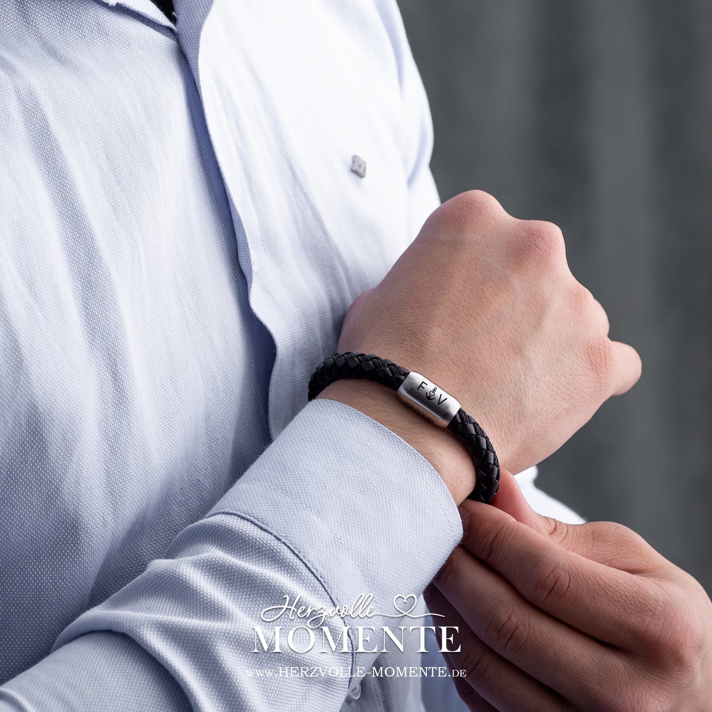 Armband mit Gravur - Leder geflochten - Silber