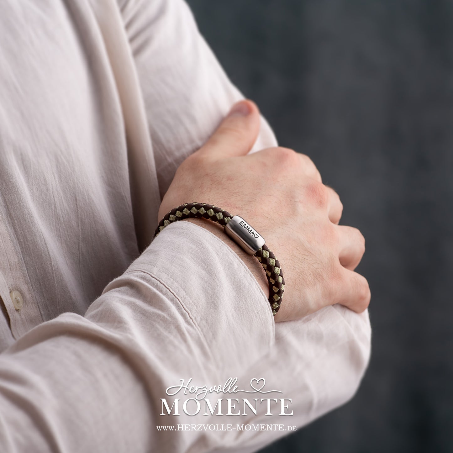 Armband mit Gravur | Leder geflochten Braun-Beige