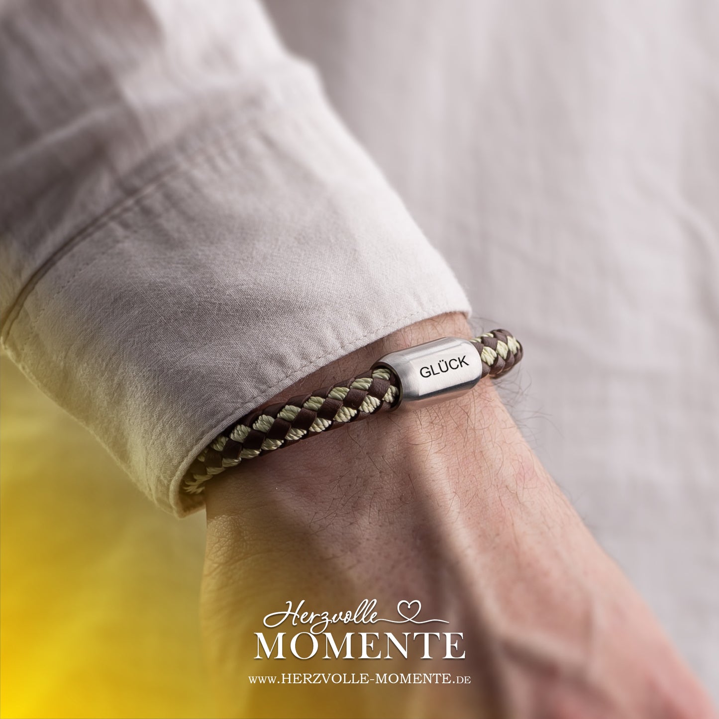 Armband mit Gravur | Leder geflochten Braun-Beige
