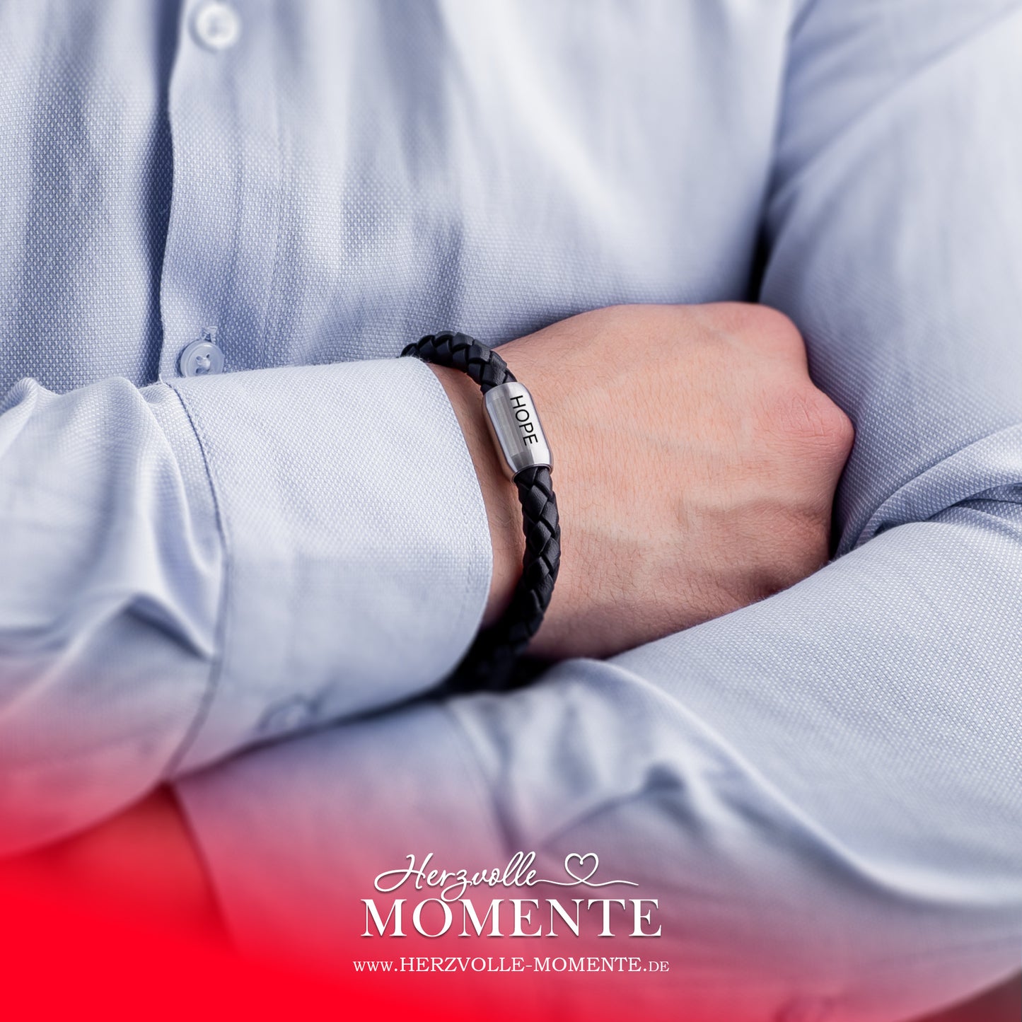 Herren Armband mit Gravur | Leder geflochten Silber