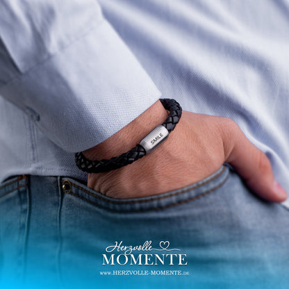 Herren Armband mit Gravur | Leder geflochten Silber